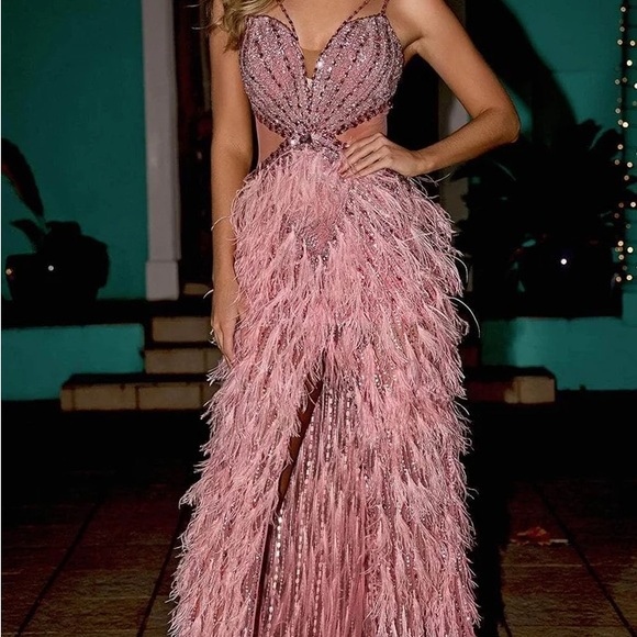 Portia and Scarlett Dresses & Skirts - Portia and Scarlett Dusty Rose Feather & Beaded Slit Prom Gown